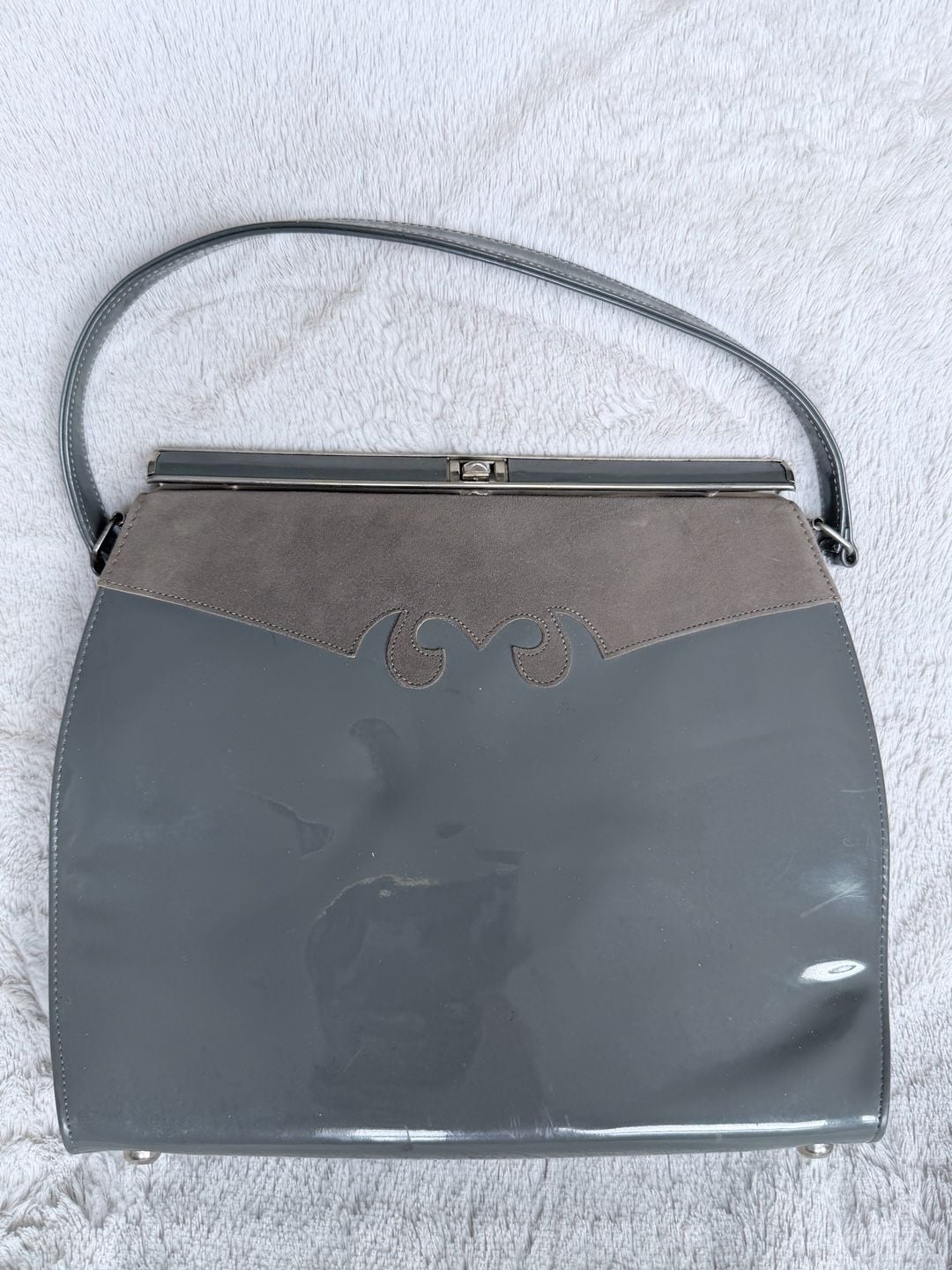 Vintage Grey Patent Leather And Suede Top Handle Handbag With Mirror